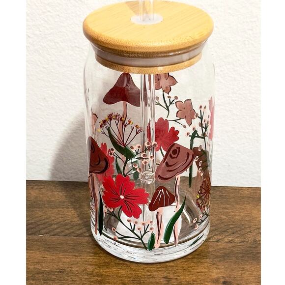 NEW: Mushroom and Floral, Glass Can Sipper (16 oz) - Picture 3 of 4